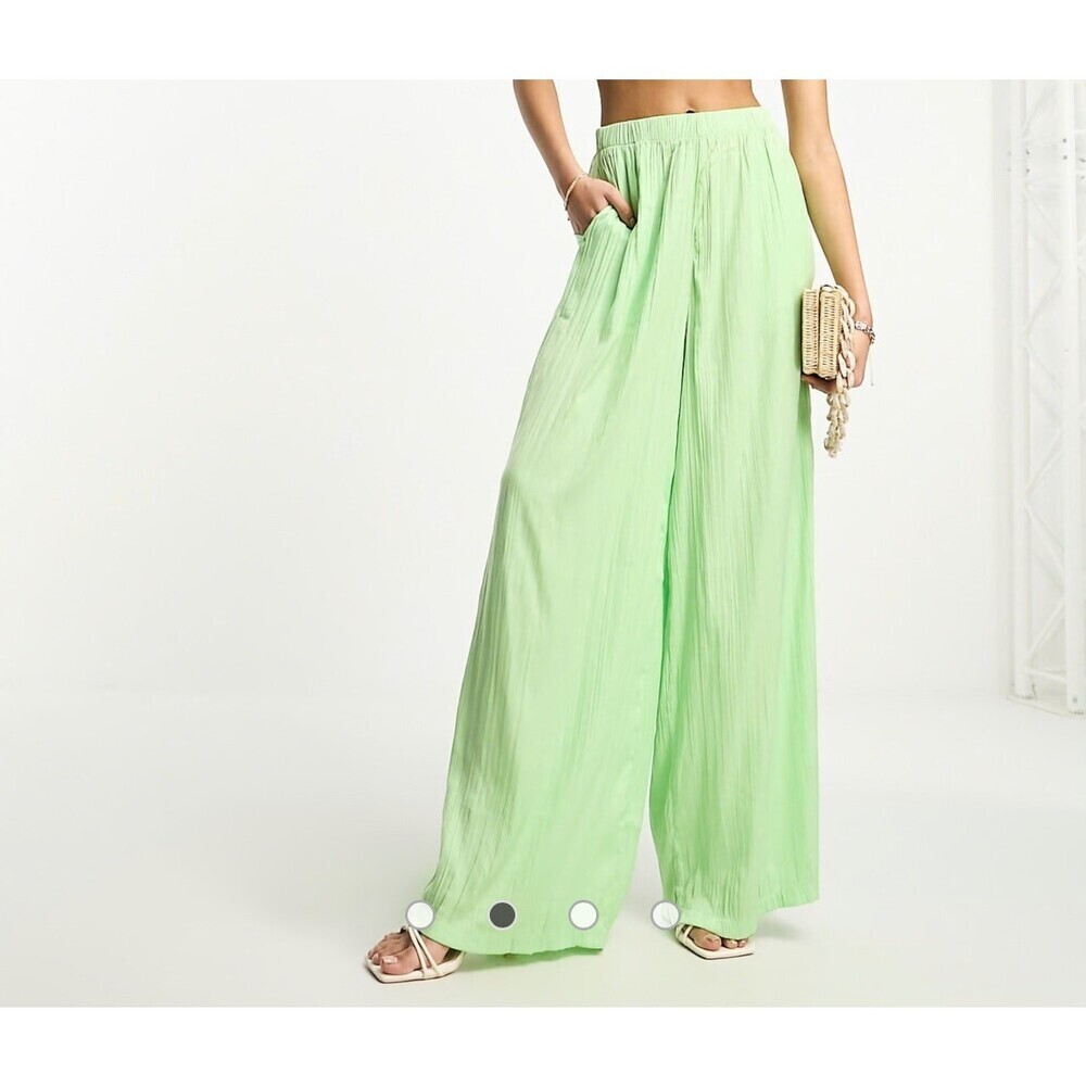 Asos NA-KD x Phiaka wide leg flowy pants in green crinkle wide leg pull on NEW S